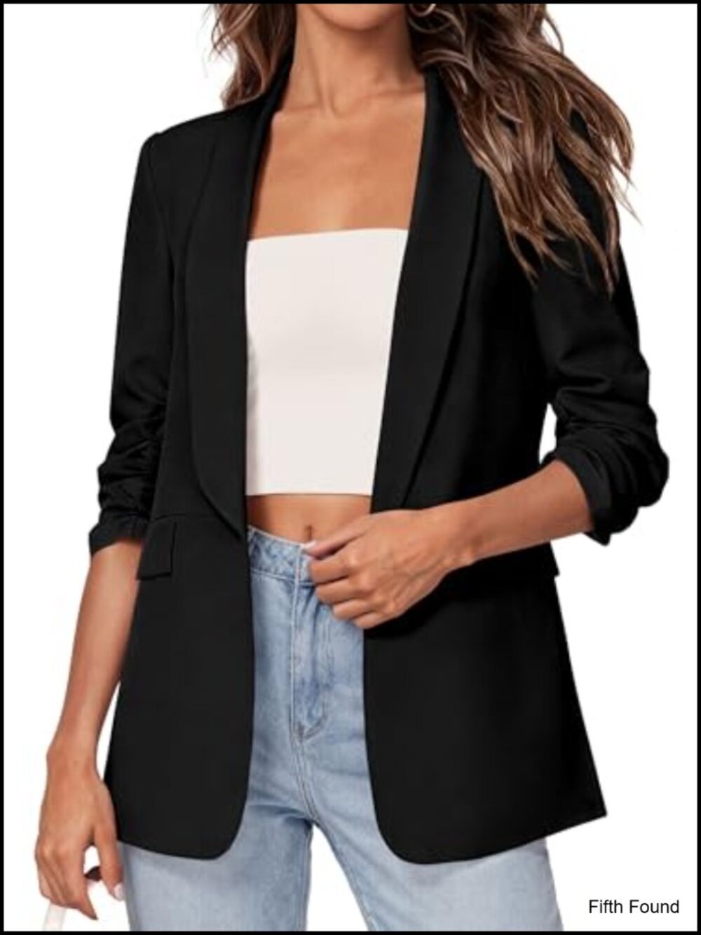 Lightweight Open Front Business Casual Blazer with Ruched 3/4 Sleeve